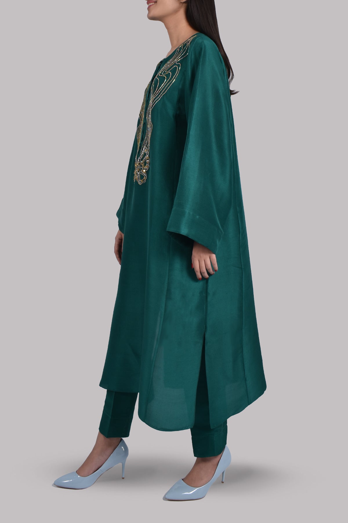 Bayberry Green Oversized Embellished Raw Silk Dress Set