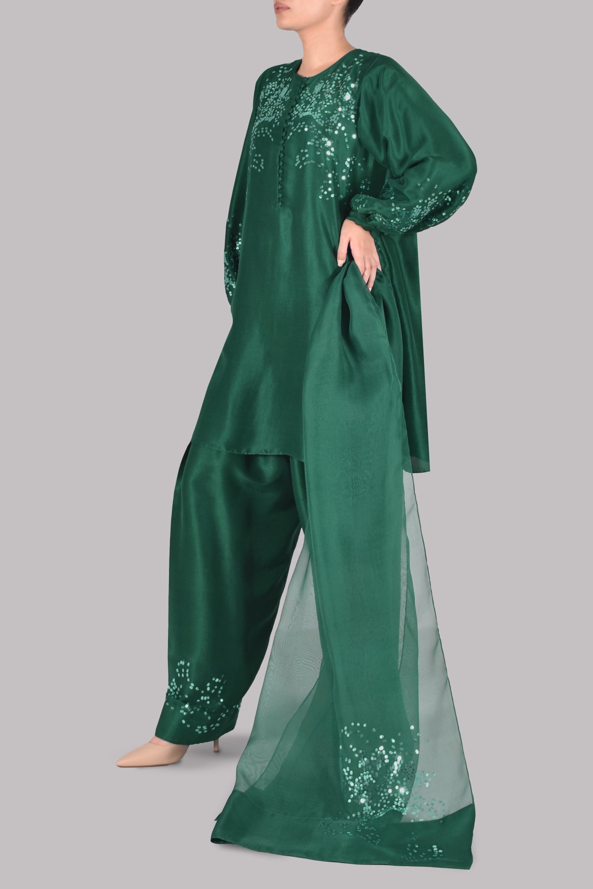 Galapagos Green Embellished Raw Silk Set