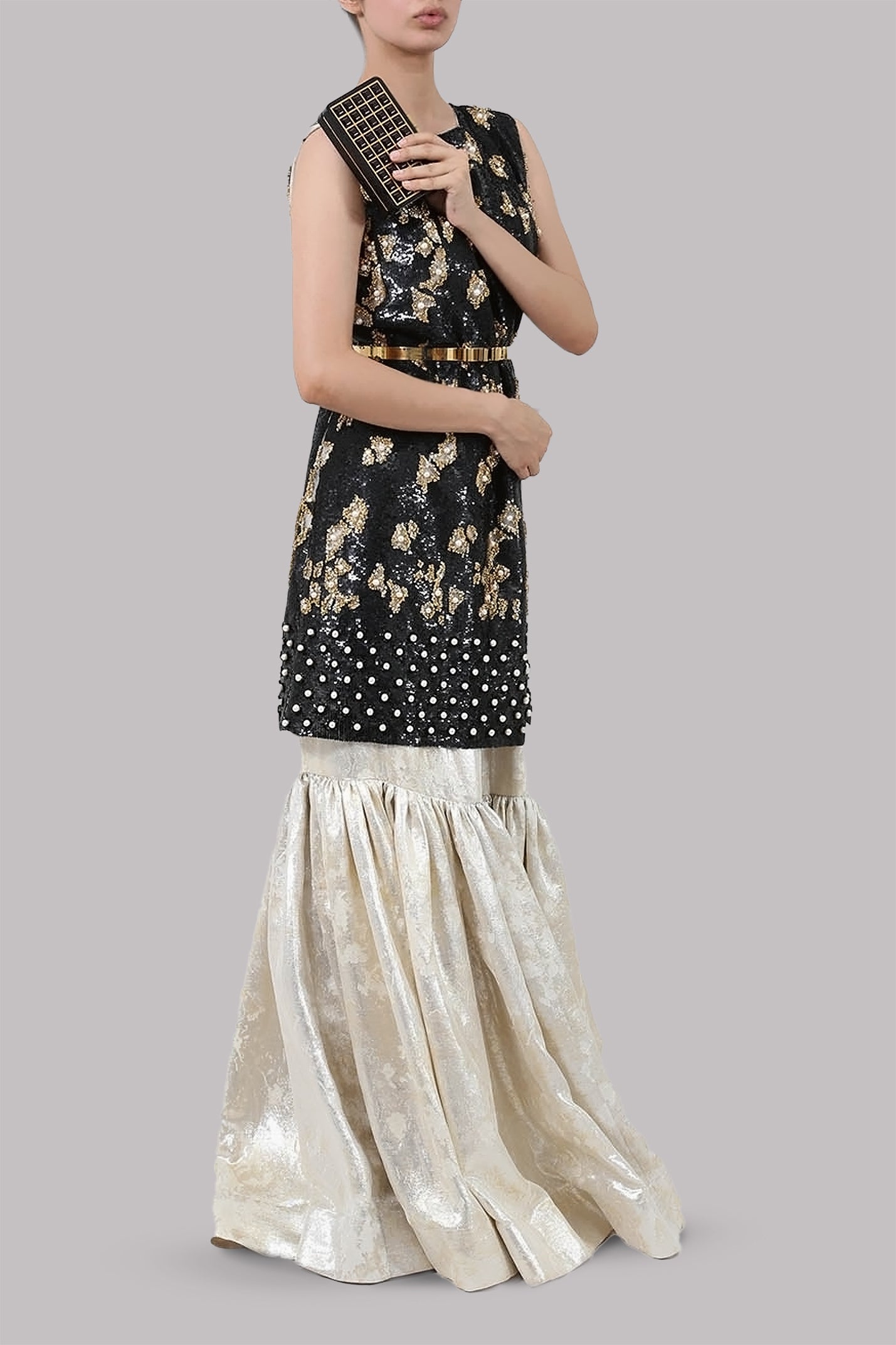 Black Embellished Tunic and Brocade Gharara Set