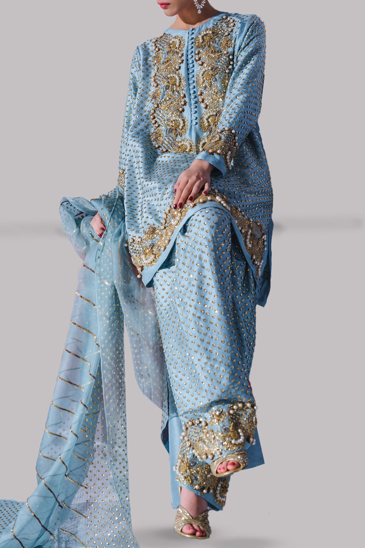 Aqua Embellished Raw Silk Set