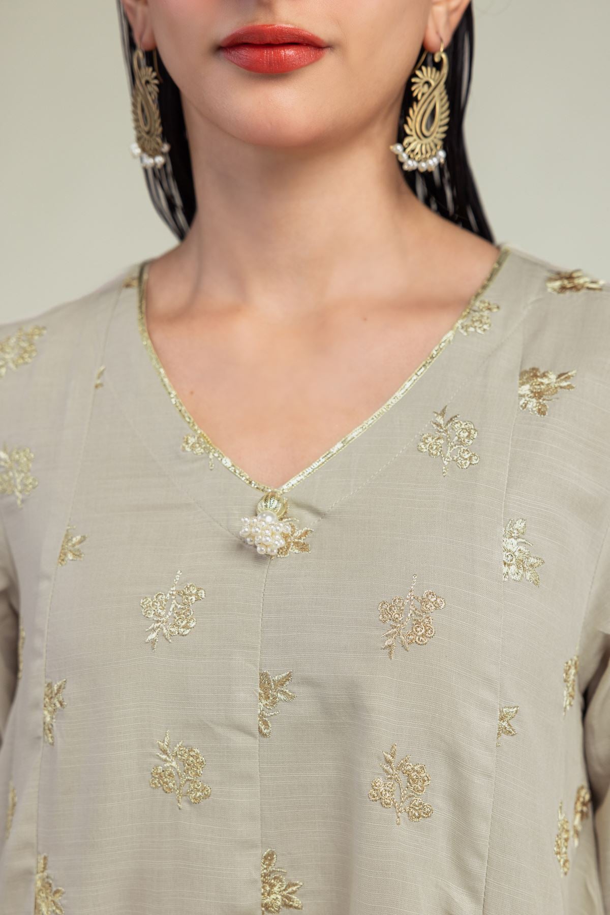 Beige V-Neck Kurta
