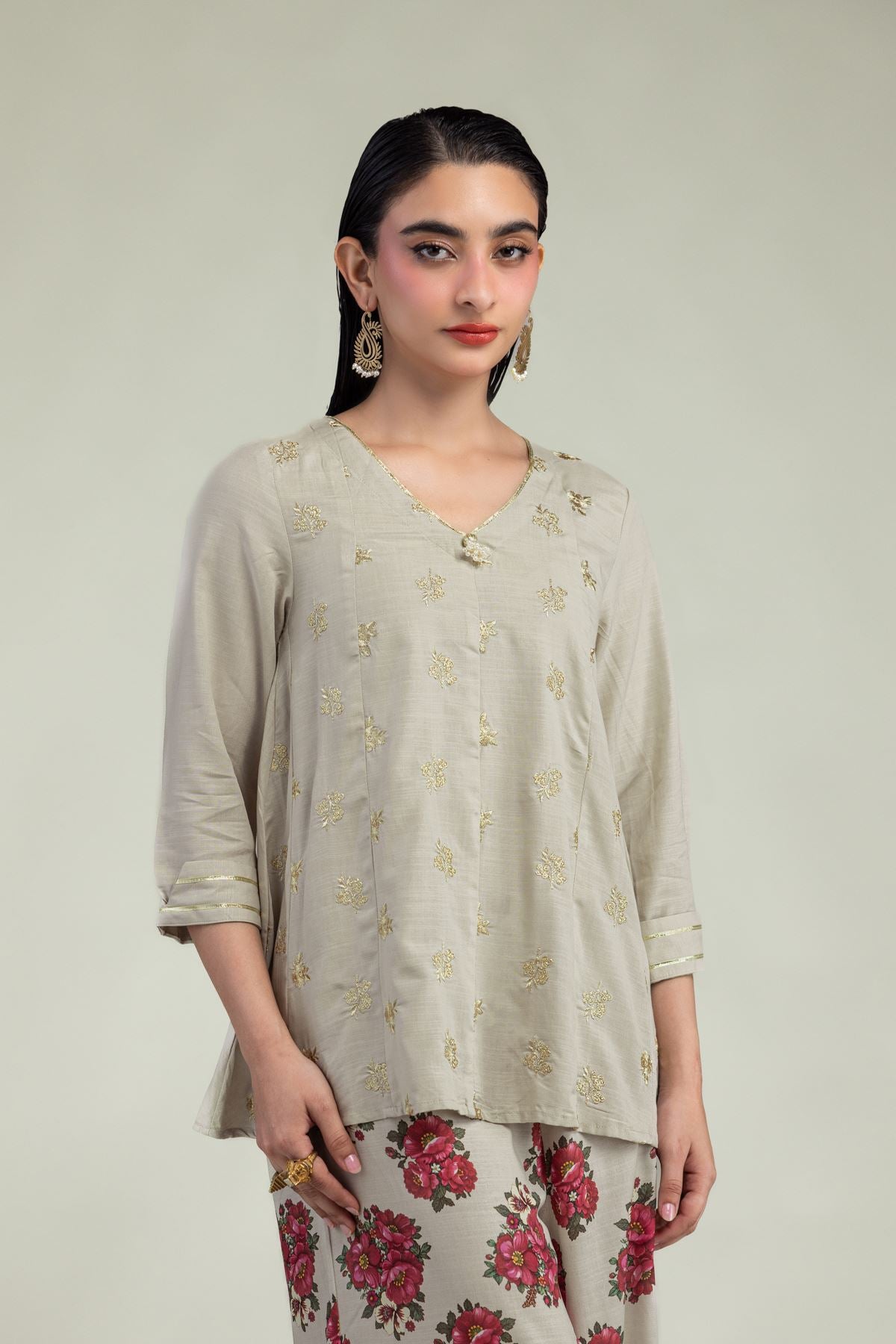 Beige V-Neck Kurta