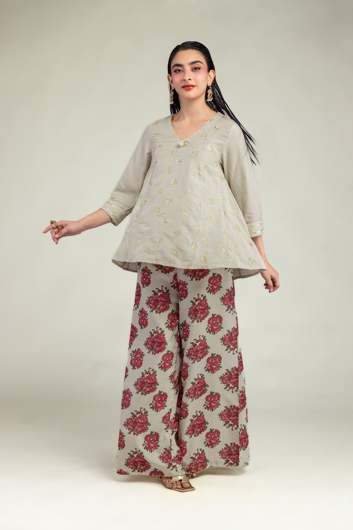 Beige V-Neck Kurta