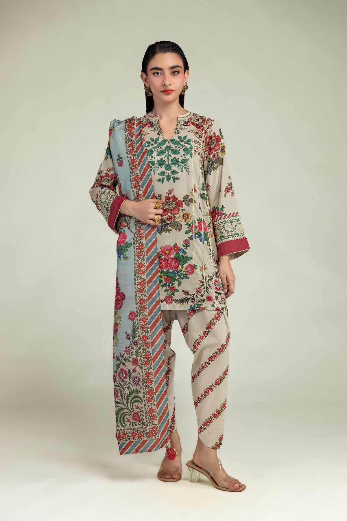 Floral Beige Dupatta