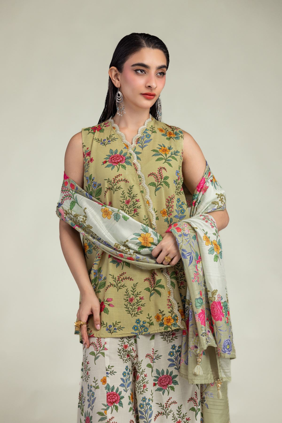 Floral Beige Dupatta