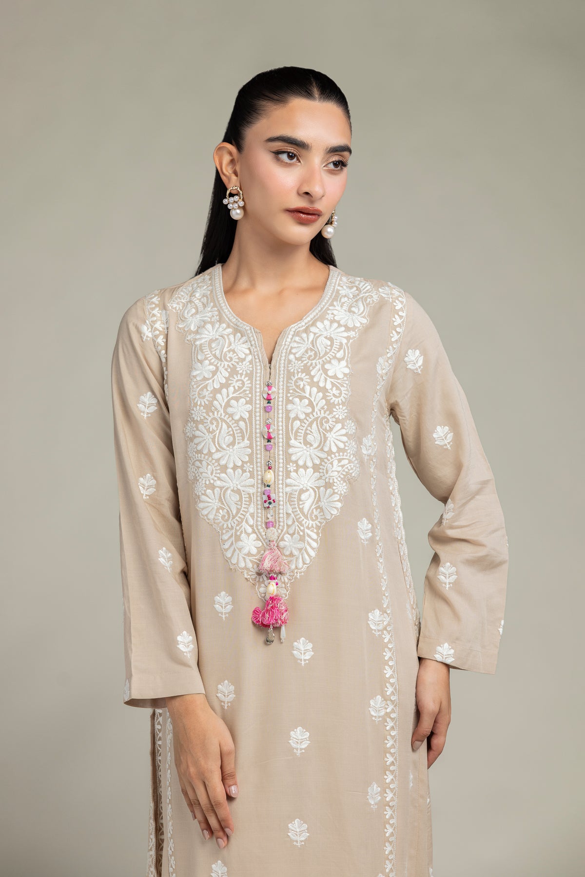 Beige Embroidered Kurta