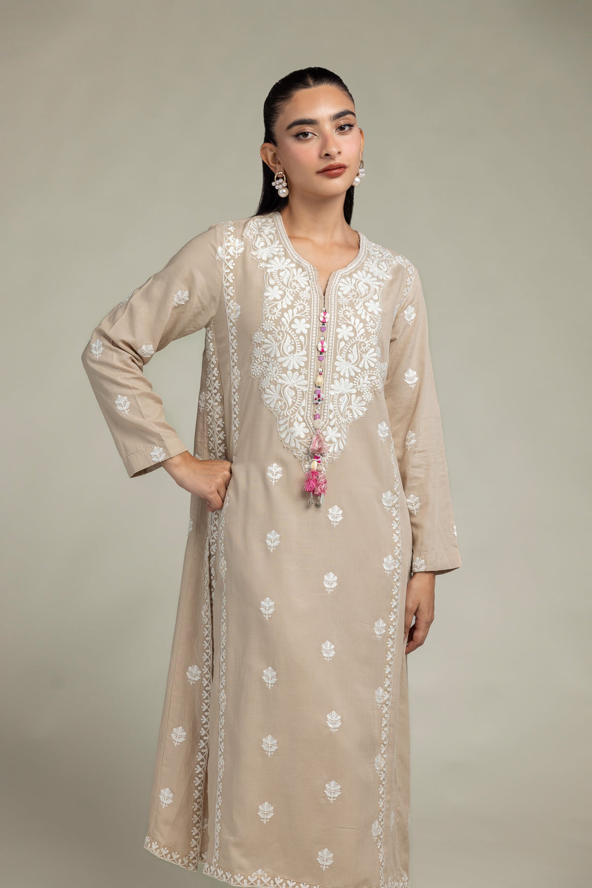 Beige Embroidered Kurta