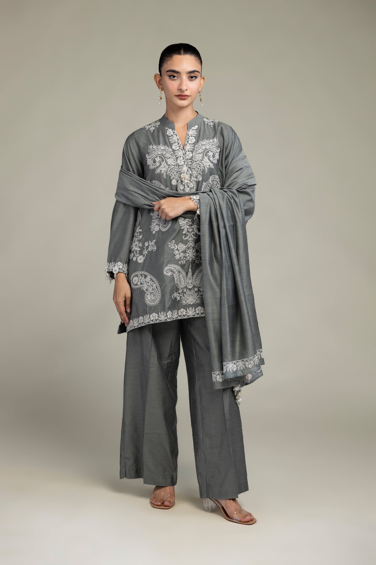 Gray Floral Dupatta