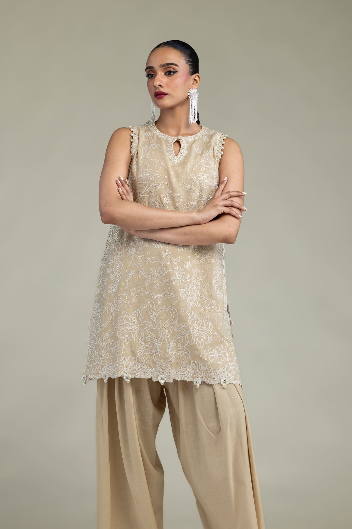Beige Sleeveless Kurta