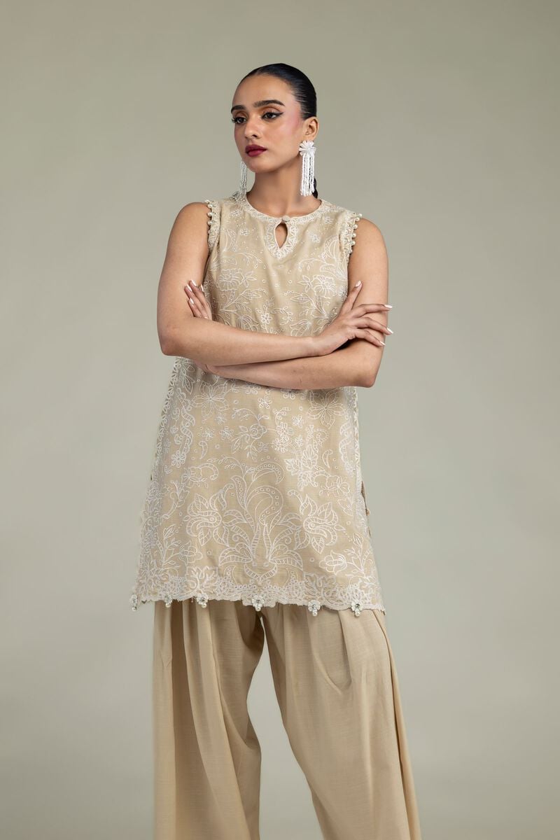 Beige Sleeveless Kurta