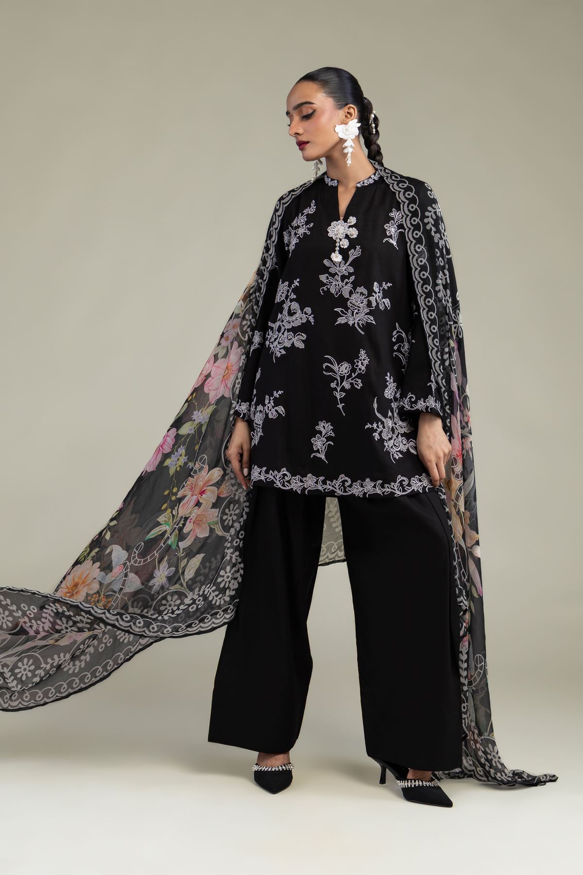 Floral Black Dupatta