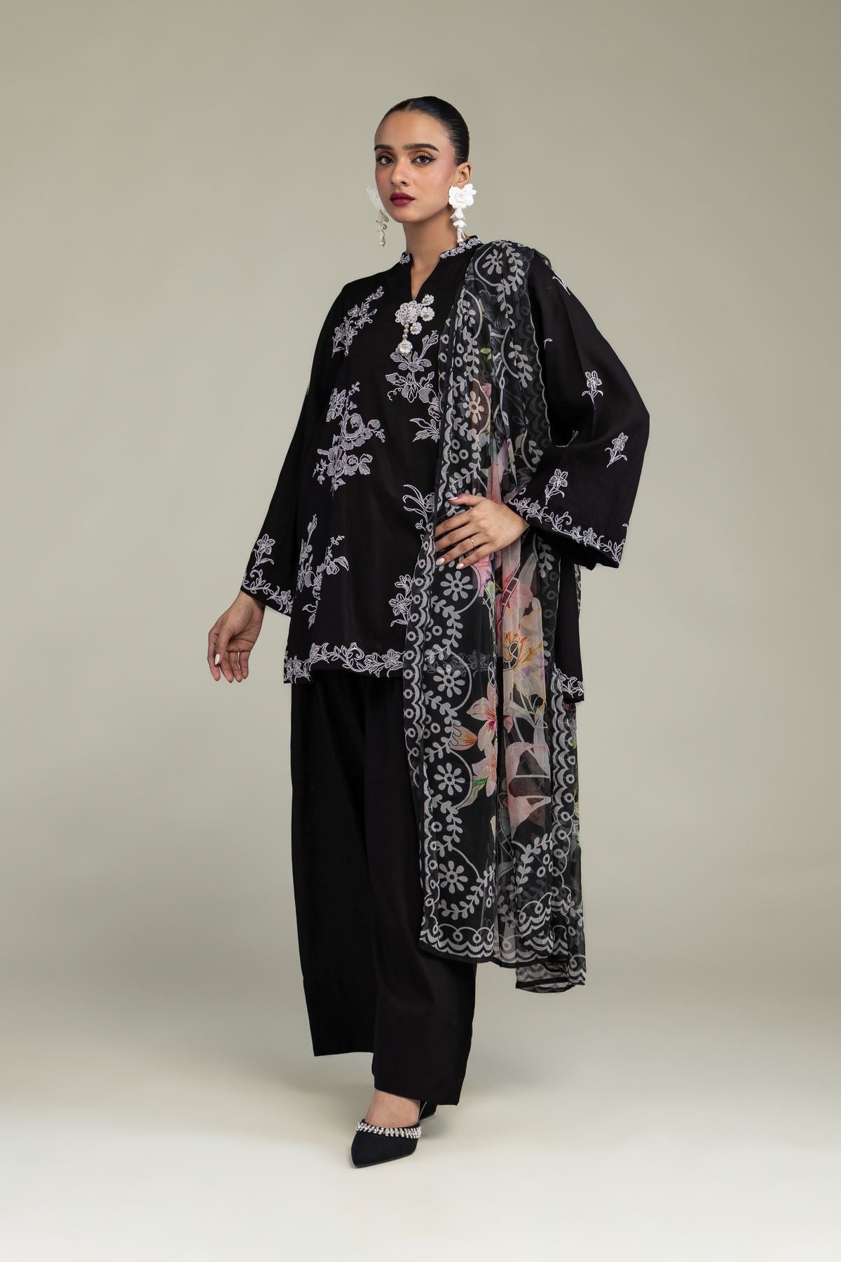 Floral Black Dupatta