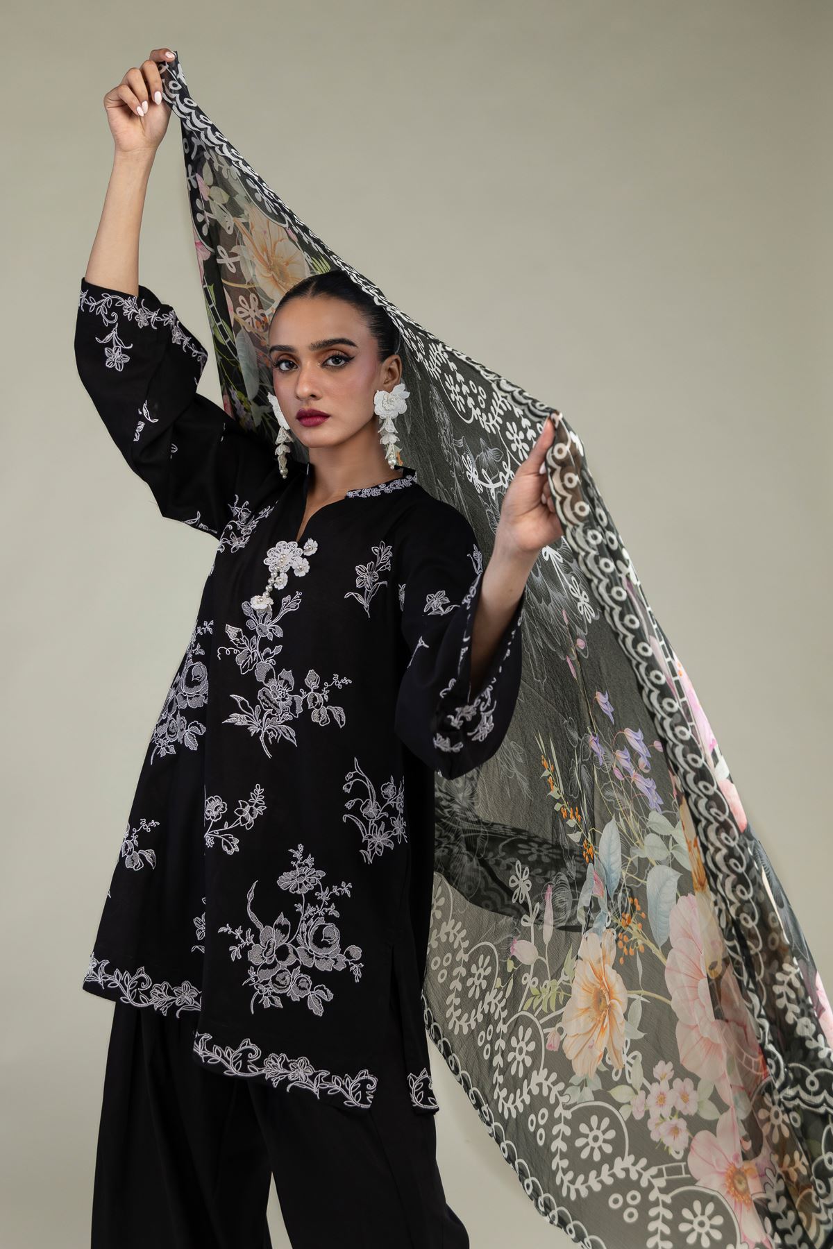 Floral Black Dupatta