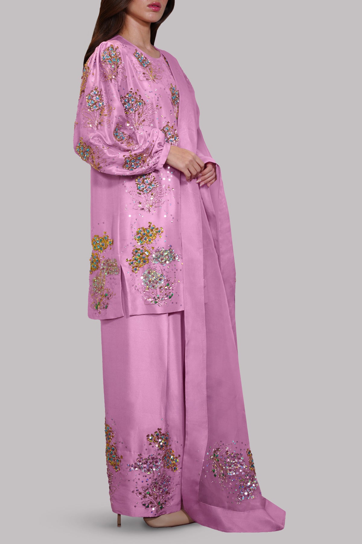 Lilac Chiffon Embellished Raw Silk Set