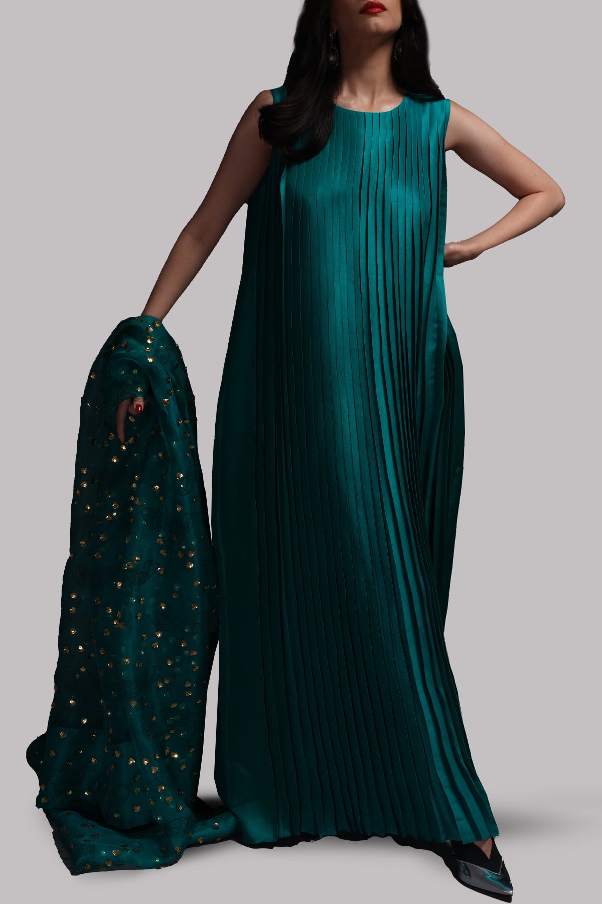 Shady Glade Pleated Raw Silk Maxi with Embellished Dupatta