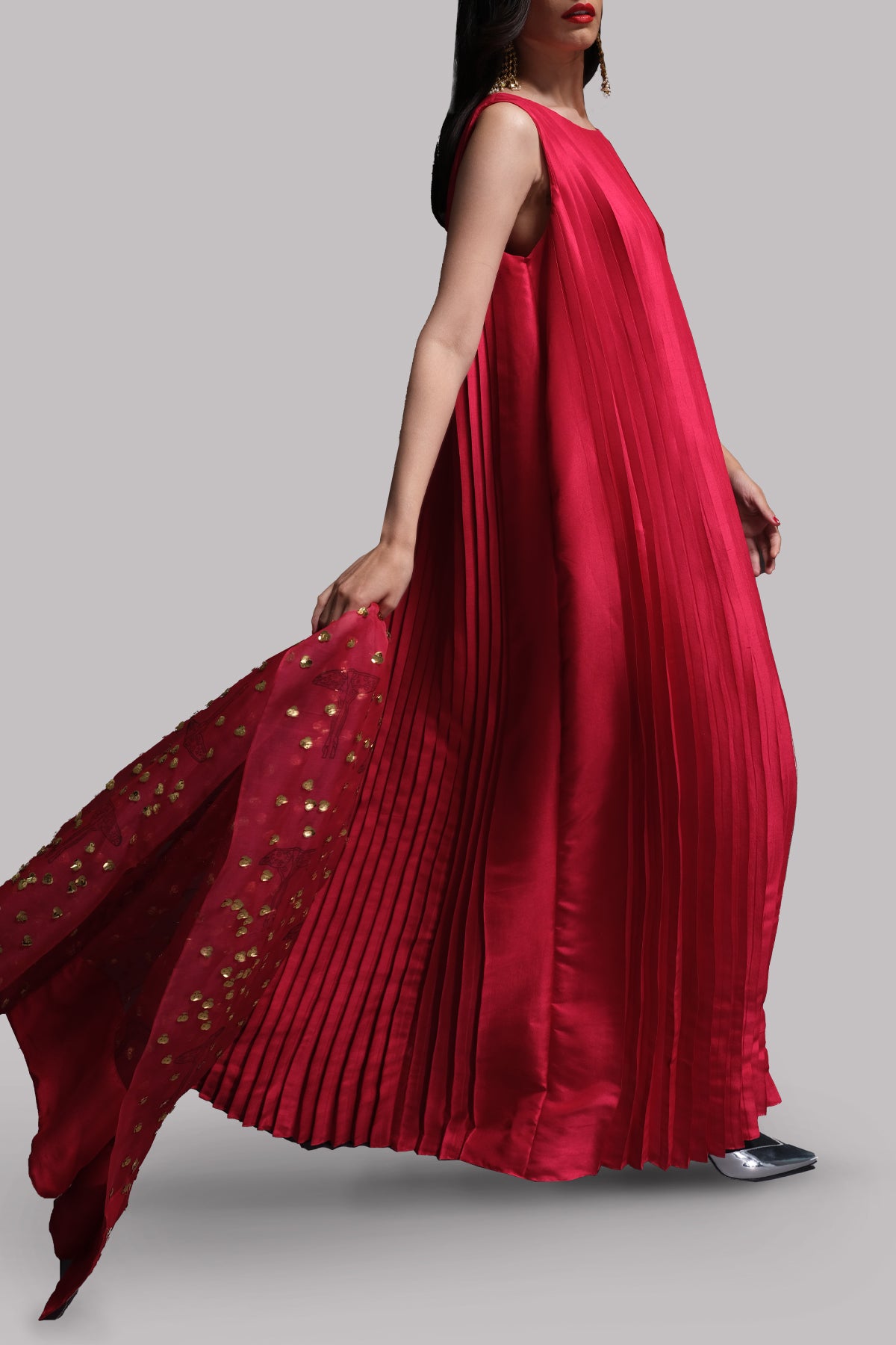 Tango Red Pleated Raw Silk Maxi with Embellished Dupatta