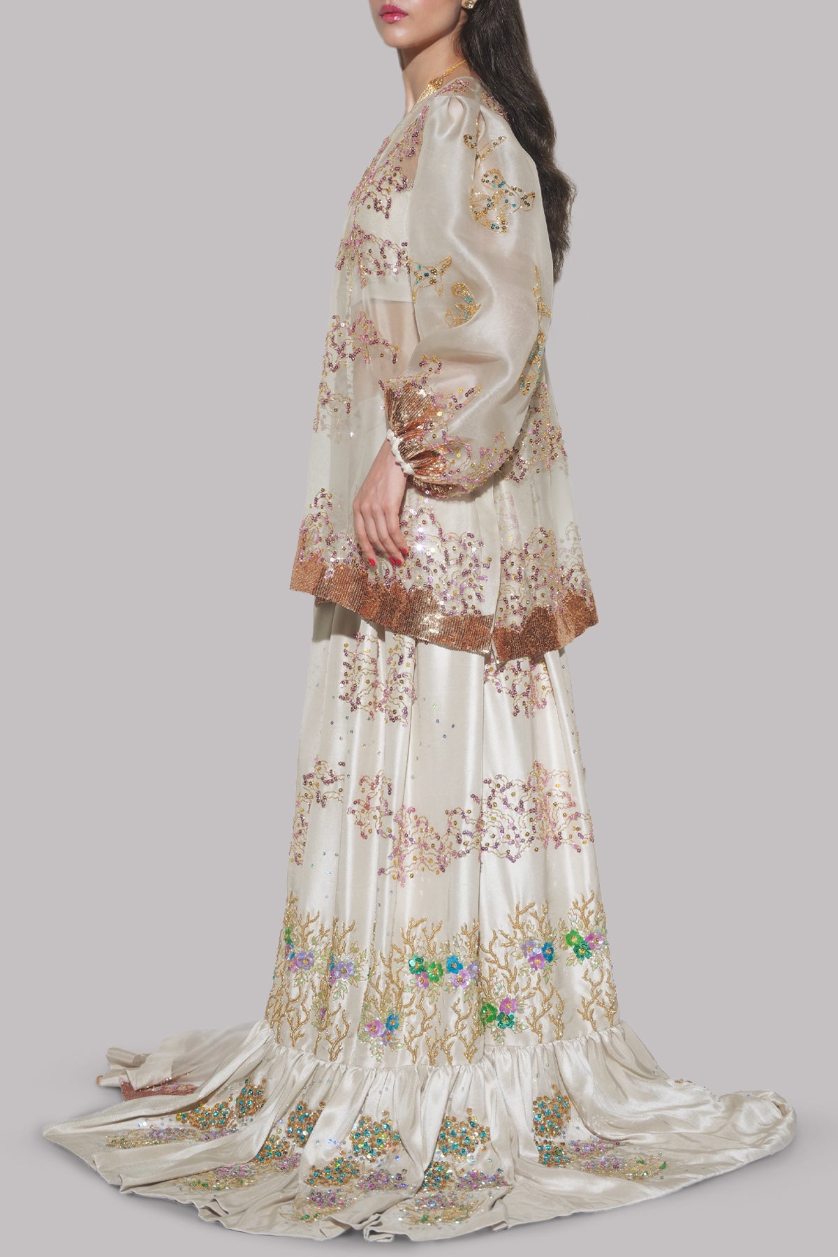 White Swan Embellished Organza Skirt Set