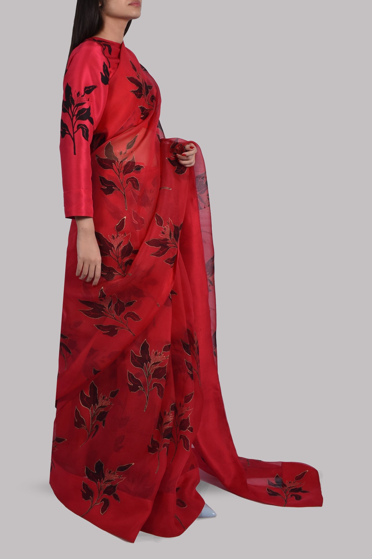 Tango Red Block Printed Organza Sari