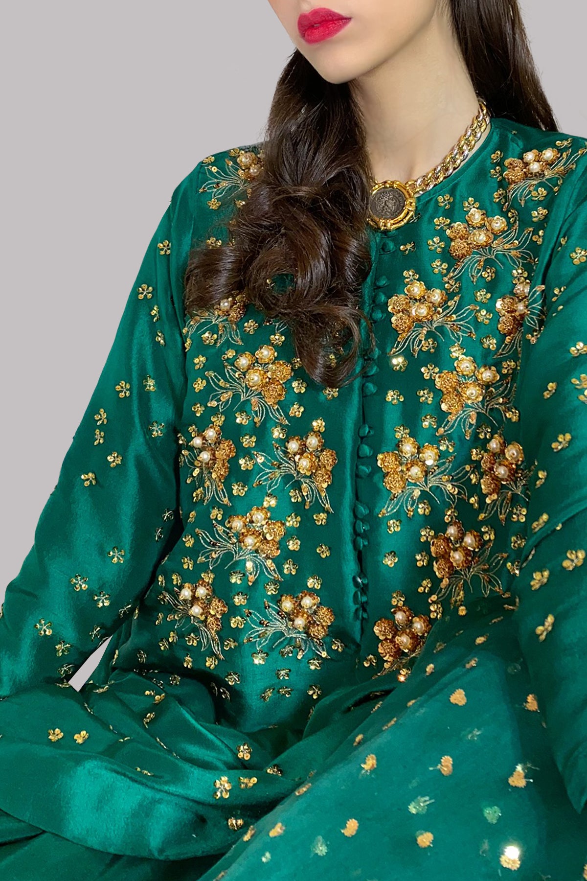 Evergreen Embellished Raw Silk Set