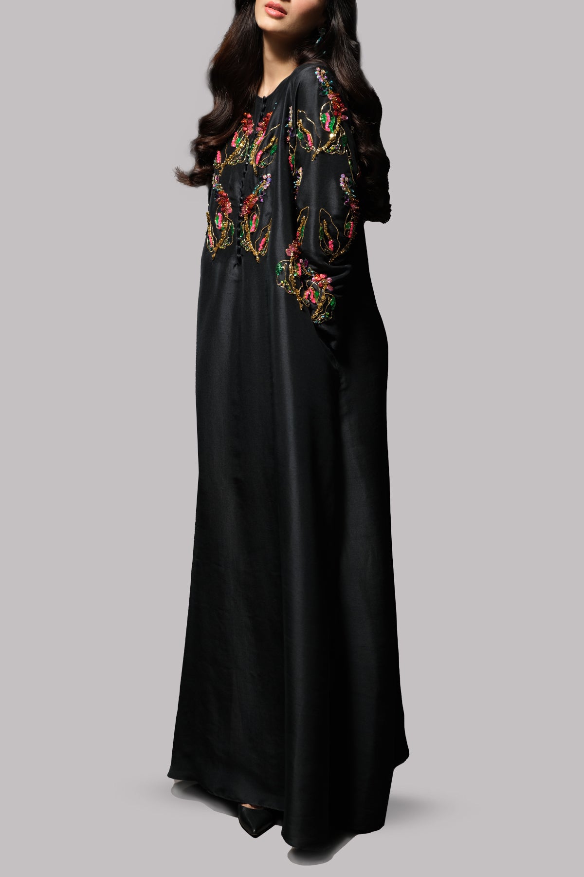 Black Crystal and Sequin Embellished Silk Maxi Dress