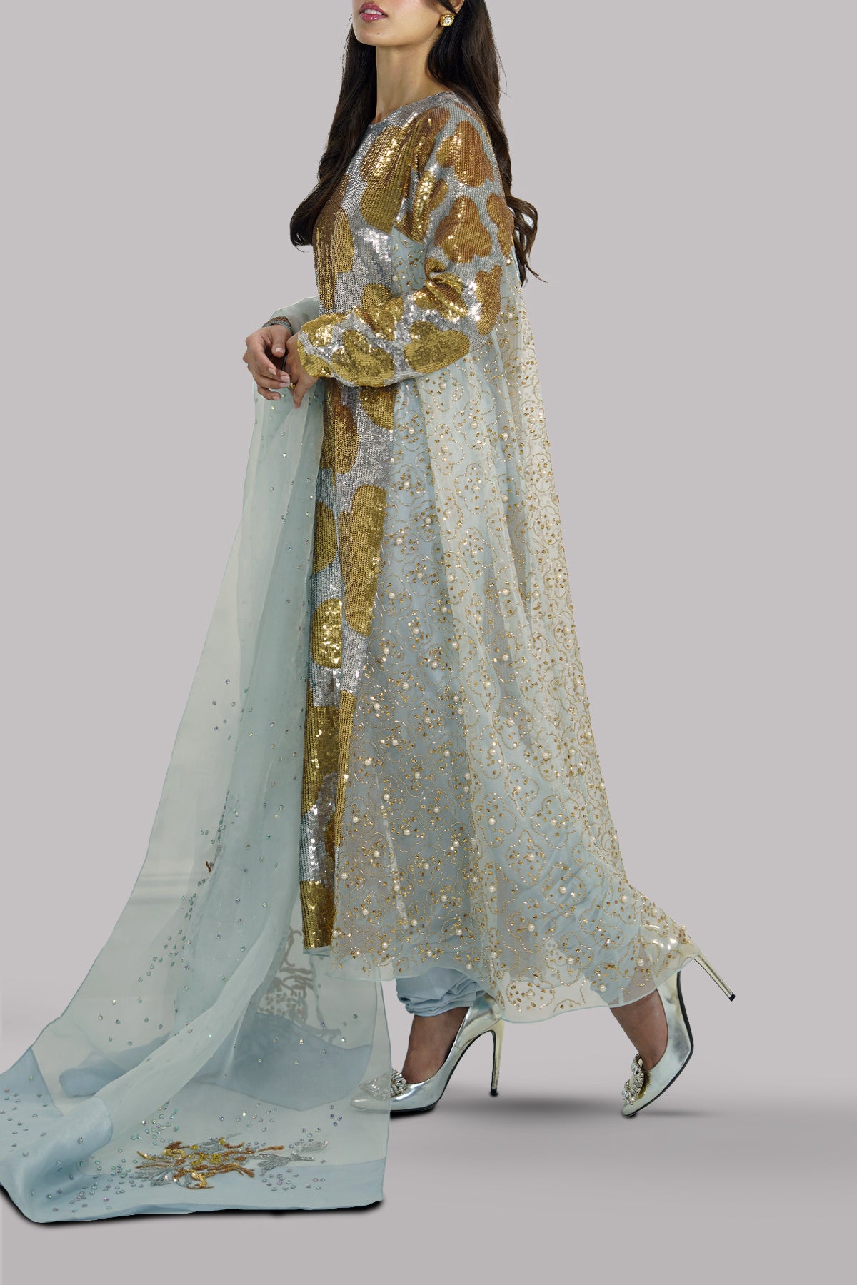 Aquamarine Organza Embellished Churidaar Set