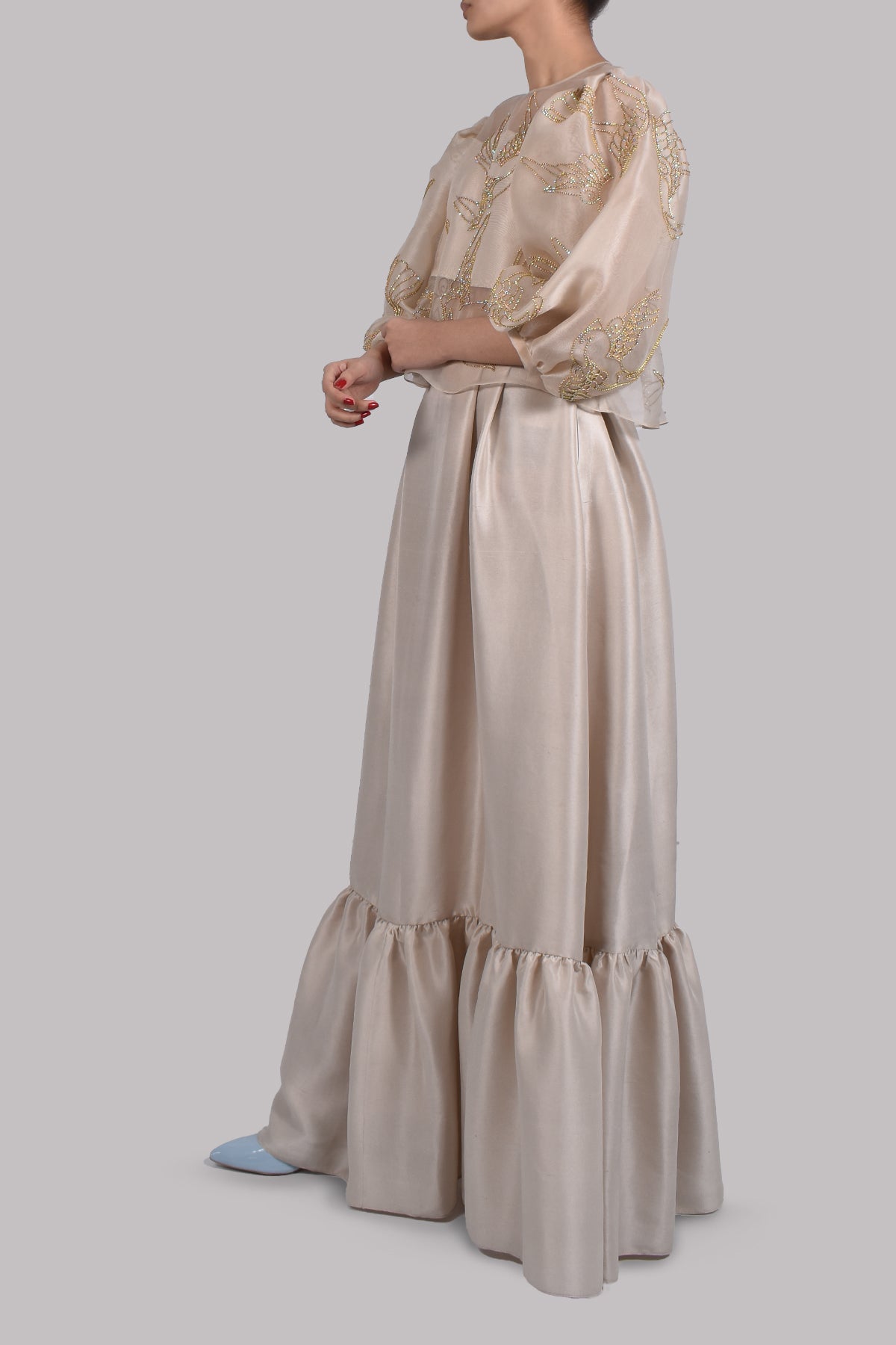White Swan Embellished Organza Blouse Skirt Set