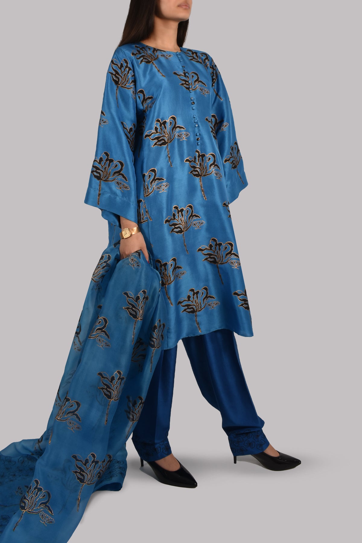 Mediterranean Blue Oversized Block Printed Raw Silk Tunic Set