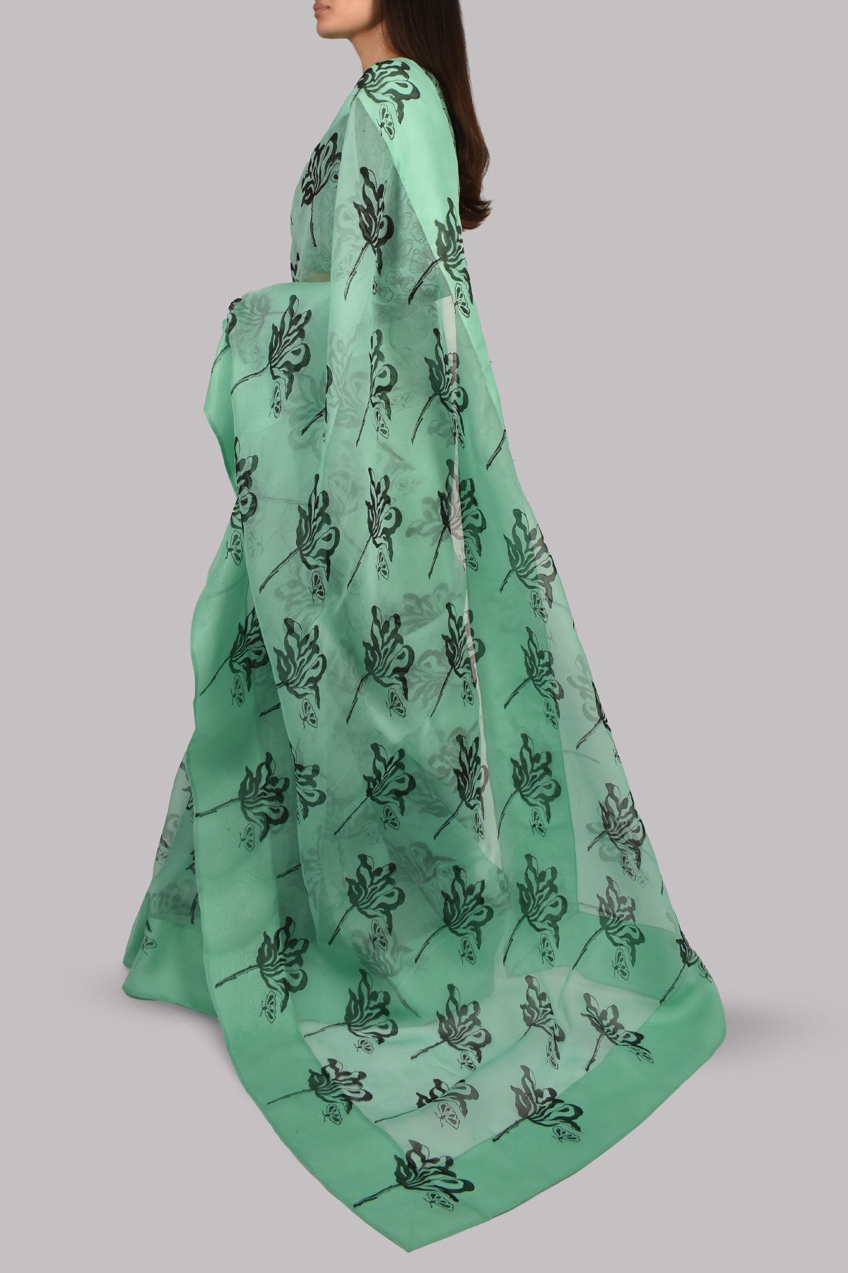 Neptune Green Block Printed Organza Sari