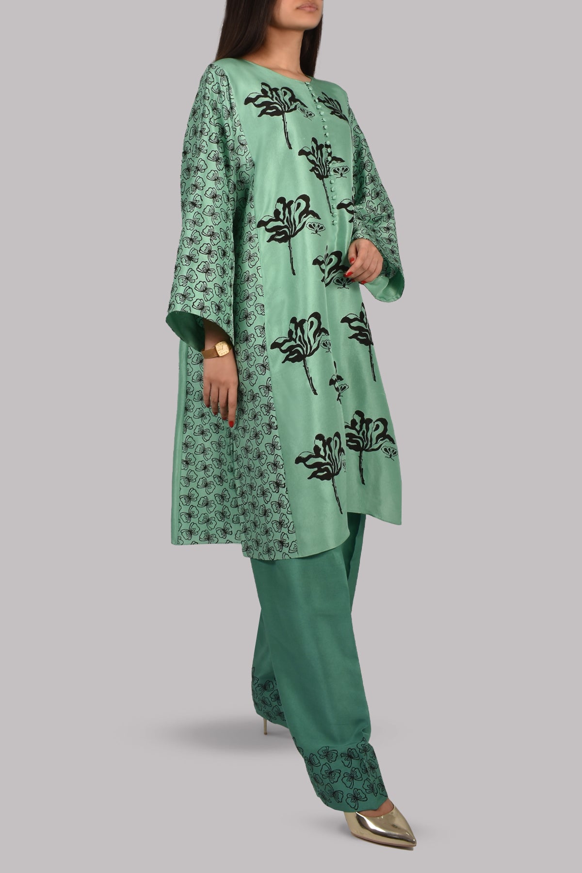 Neptune Green Oversized Block Printed Raw Silk Tunic Set