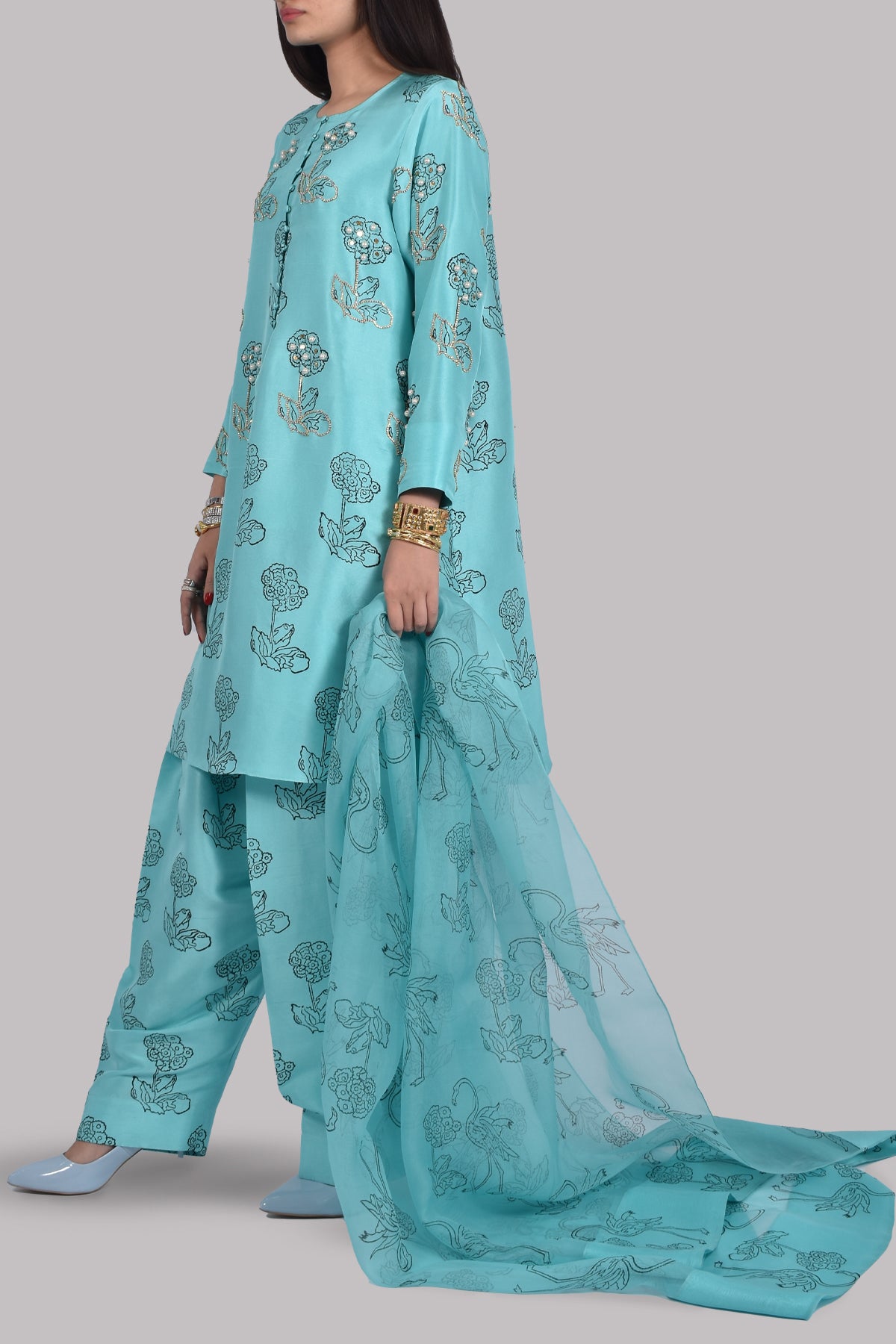 Blue Radiance Block Print Embellished Raw Silk Tunic Set