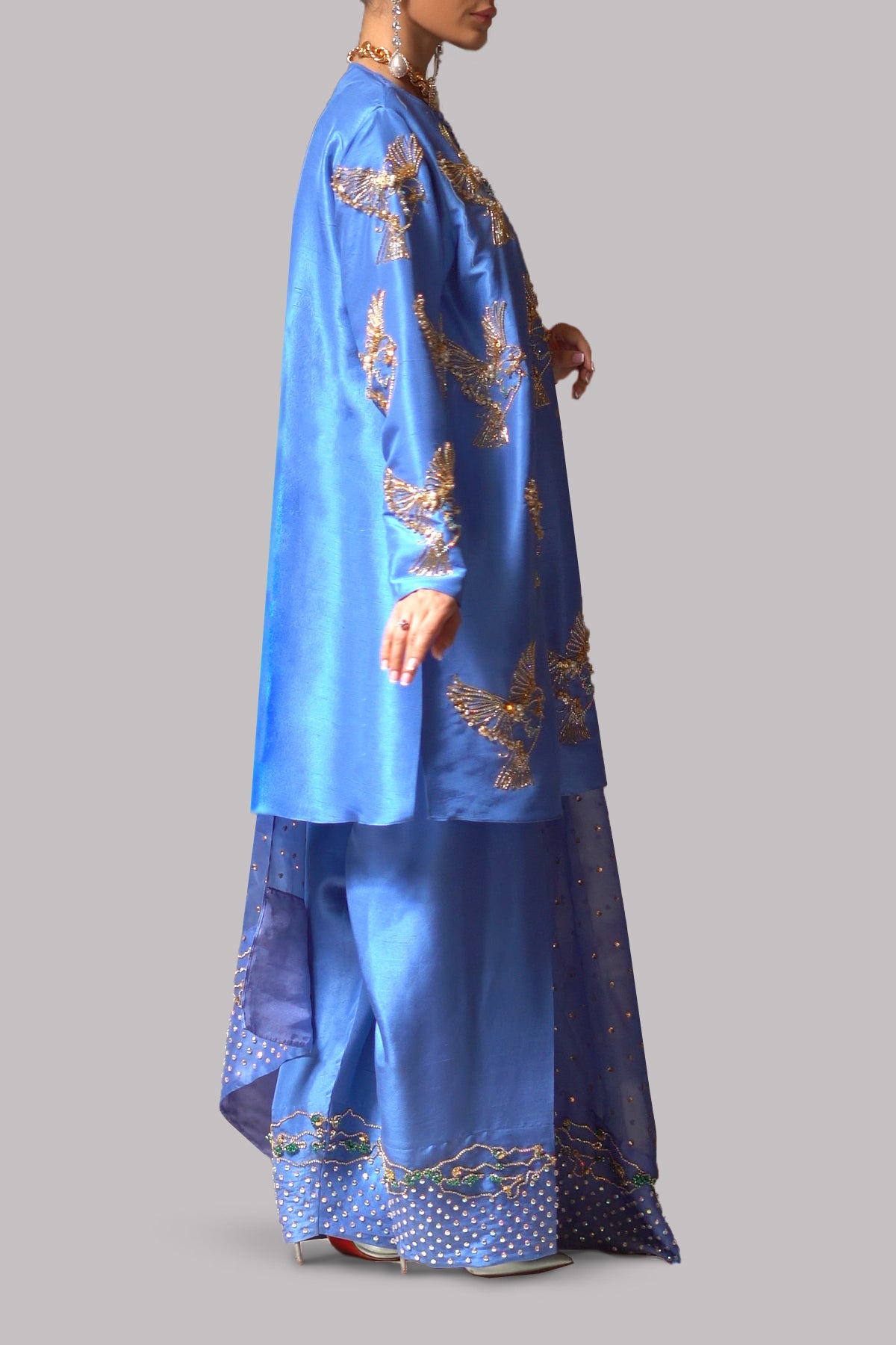 Mediterranean Blue Embellished Raw Silk Set