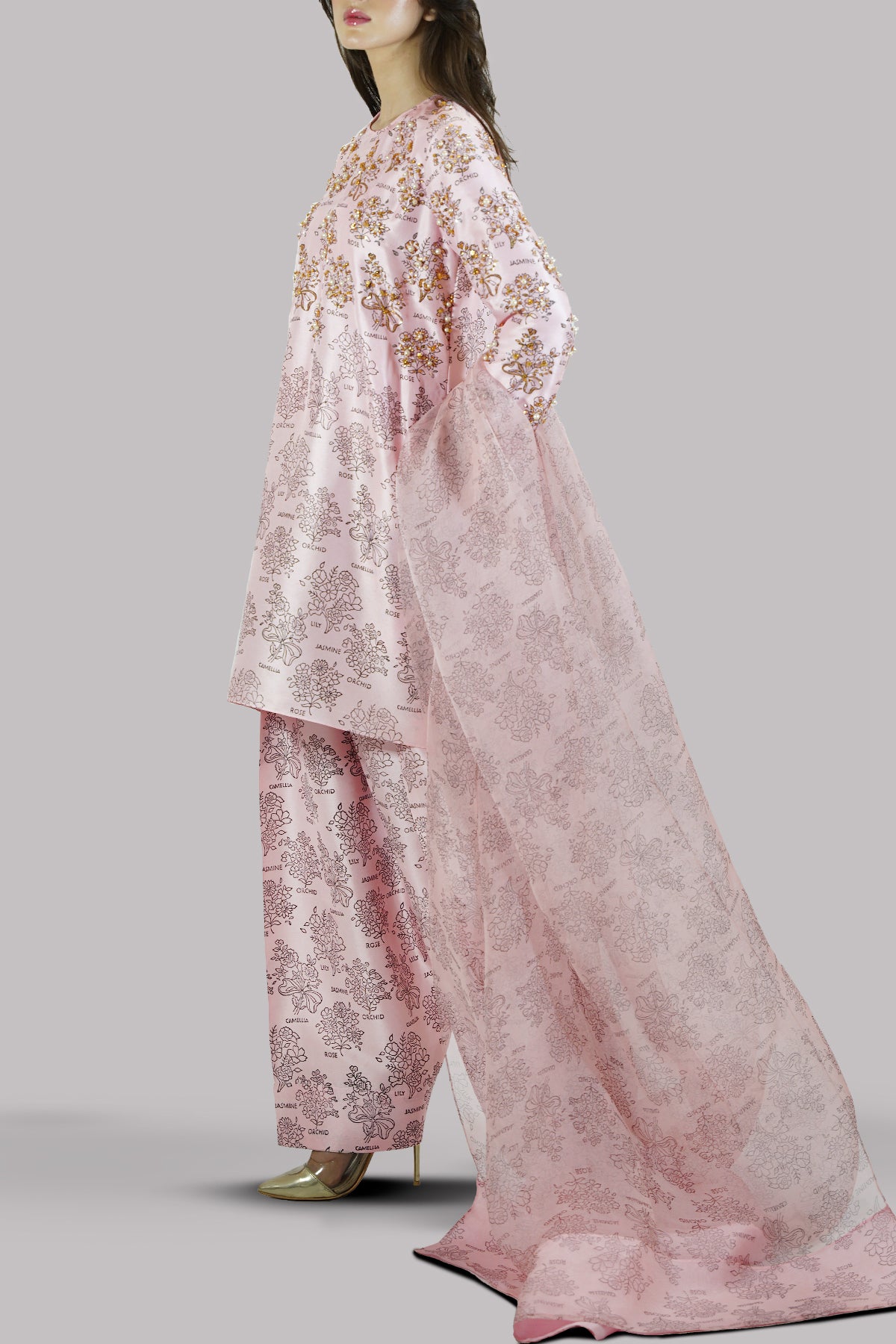 Blushing Bride Block Printed &amp; Embellished Raw Silk Set