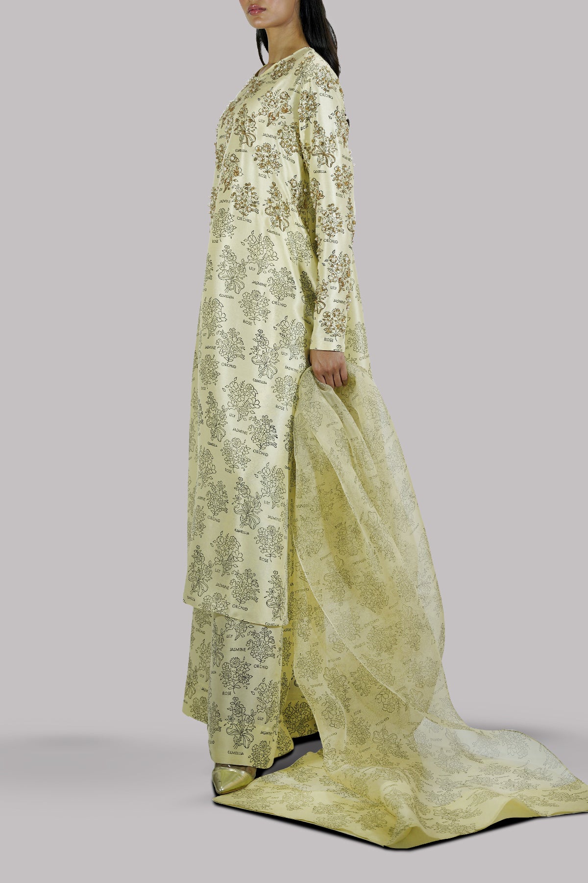 Verbena Yellow Block Printed &amp; Embellished Raw Silk Set