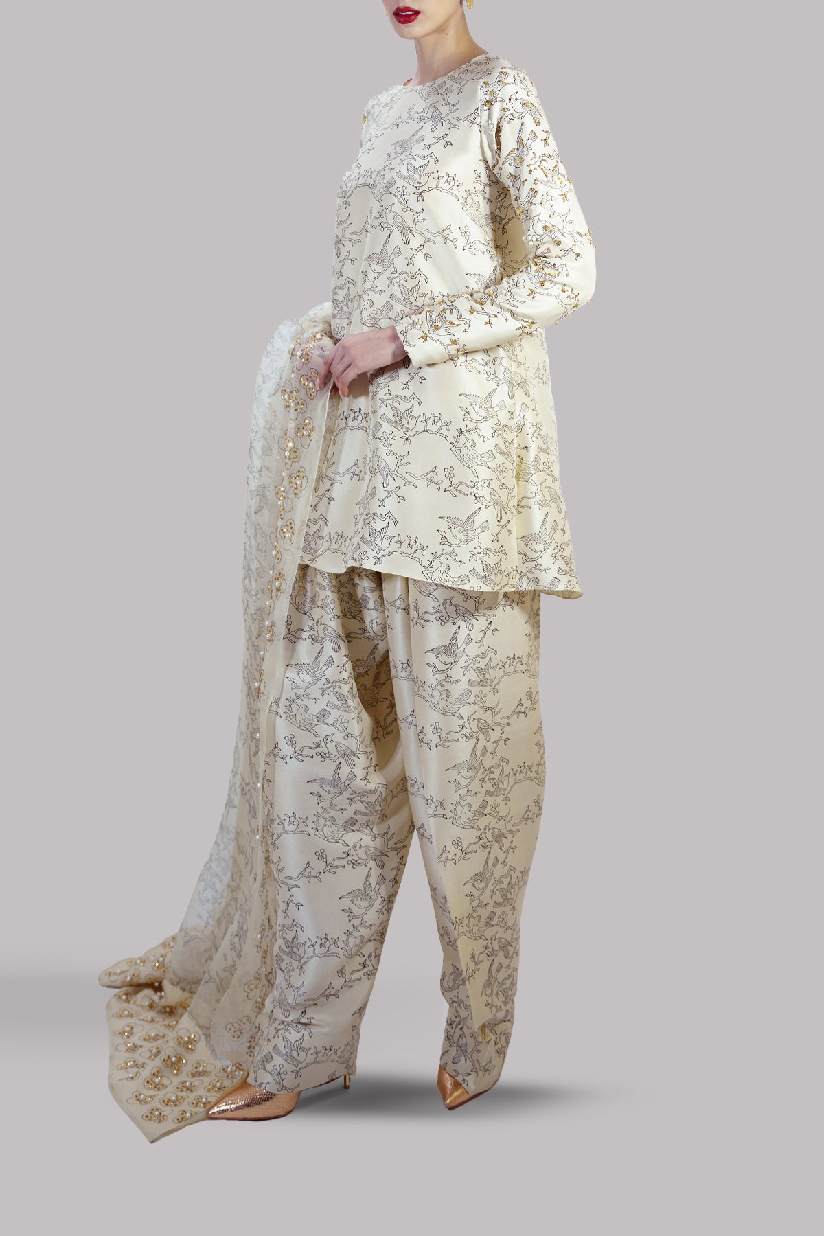 Lamb’s Wool Block Printed &amp; Embellished Raw Silk Set