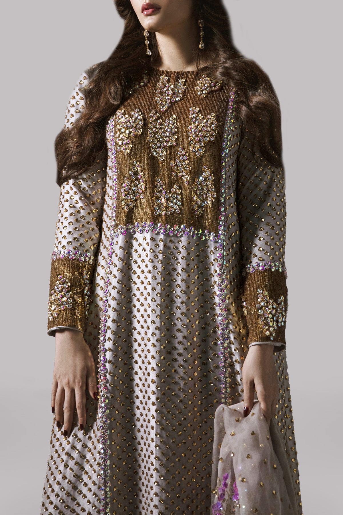 Silver Grey Embellished Raw Silk Maxi Set