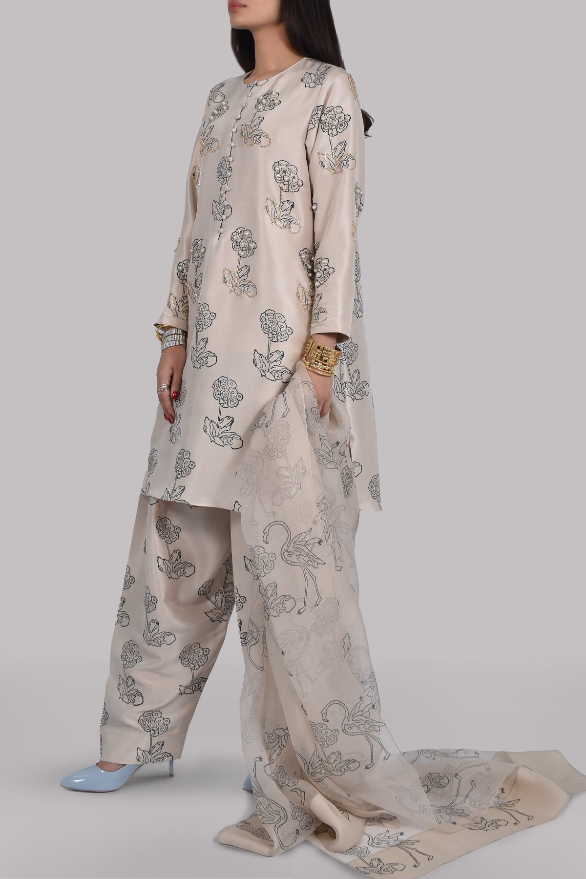 White Swan Block Print Embellished Raw Silk Tunic Set