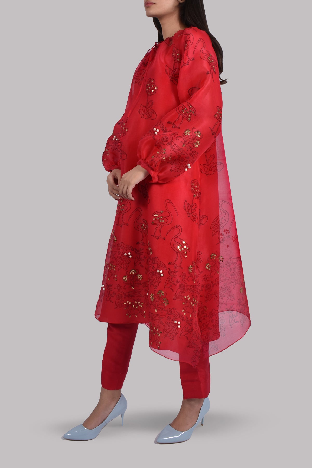 Lollipop Red Organza Block Printed Embellished Tunic Set