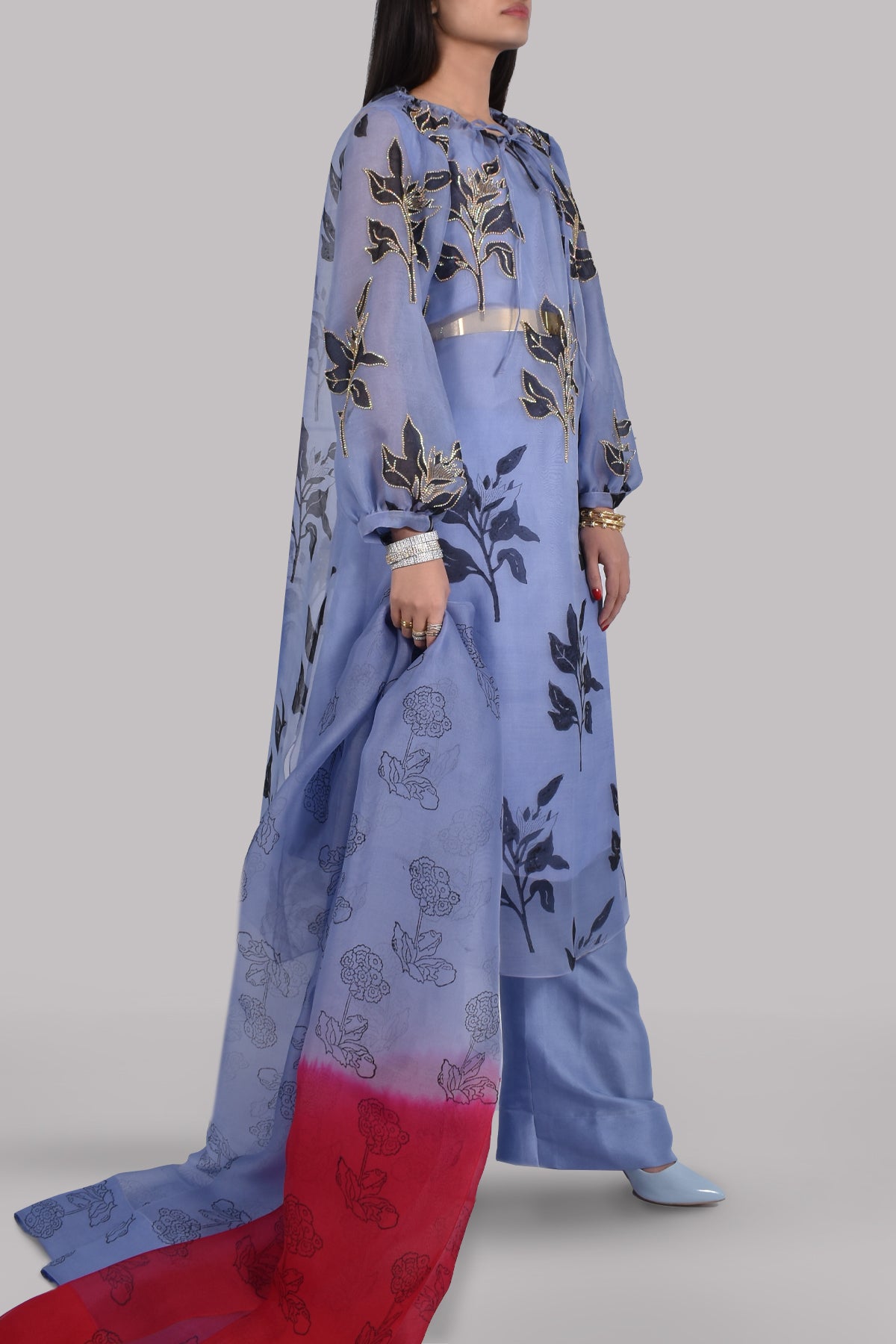 Forever Blue Organza Block Printed Embellished Tunic Set