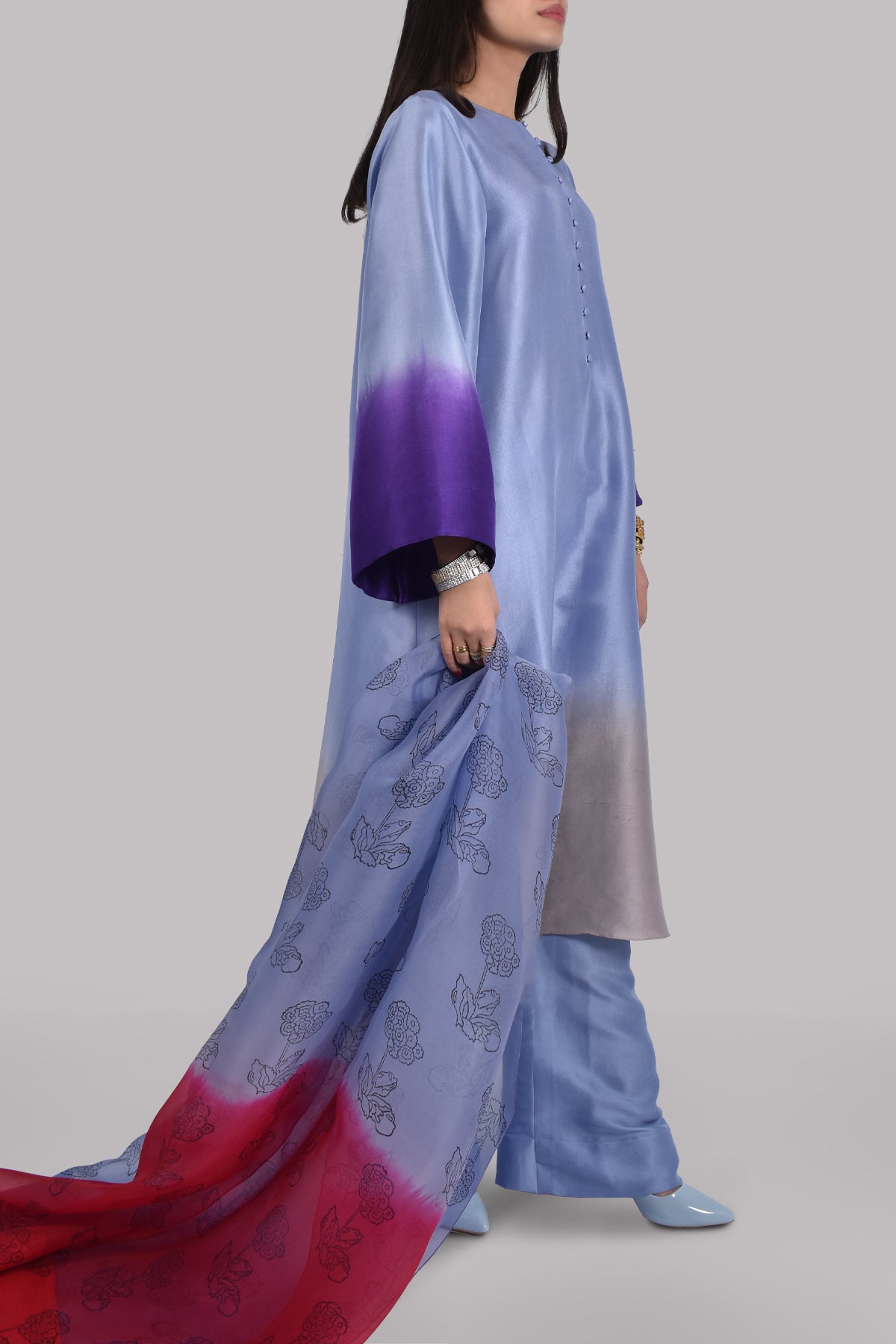 Forever Blue Oversized Ombre Raw Silk Tunic Set