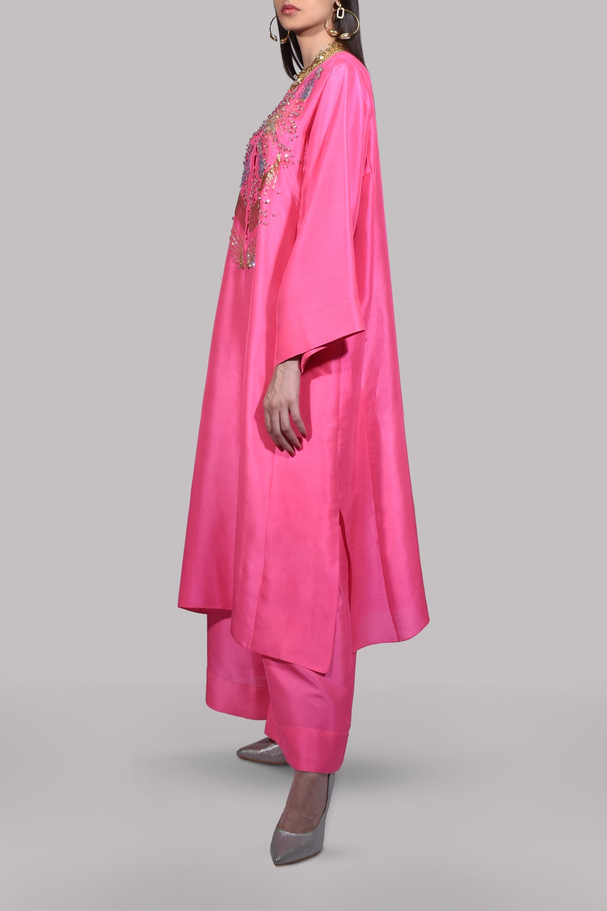 Diva Pink Oversized Embellished Raw Silk Tunic Set