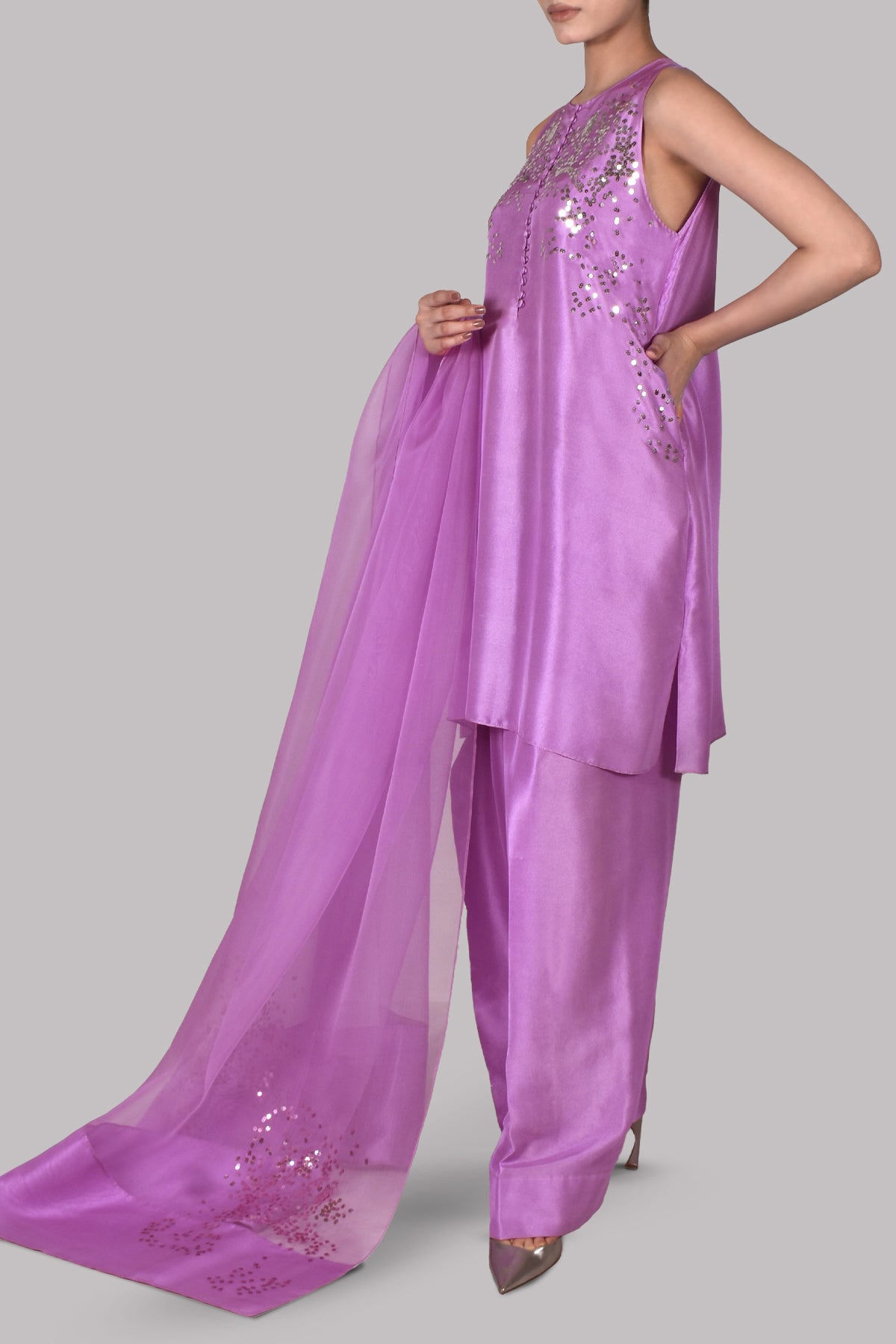 African Violet Embellished Raw Silk Set