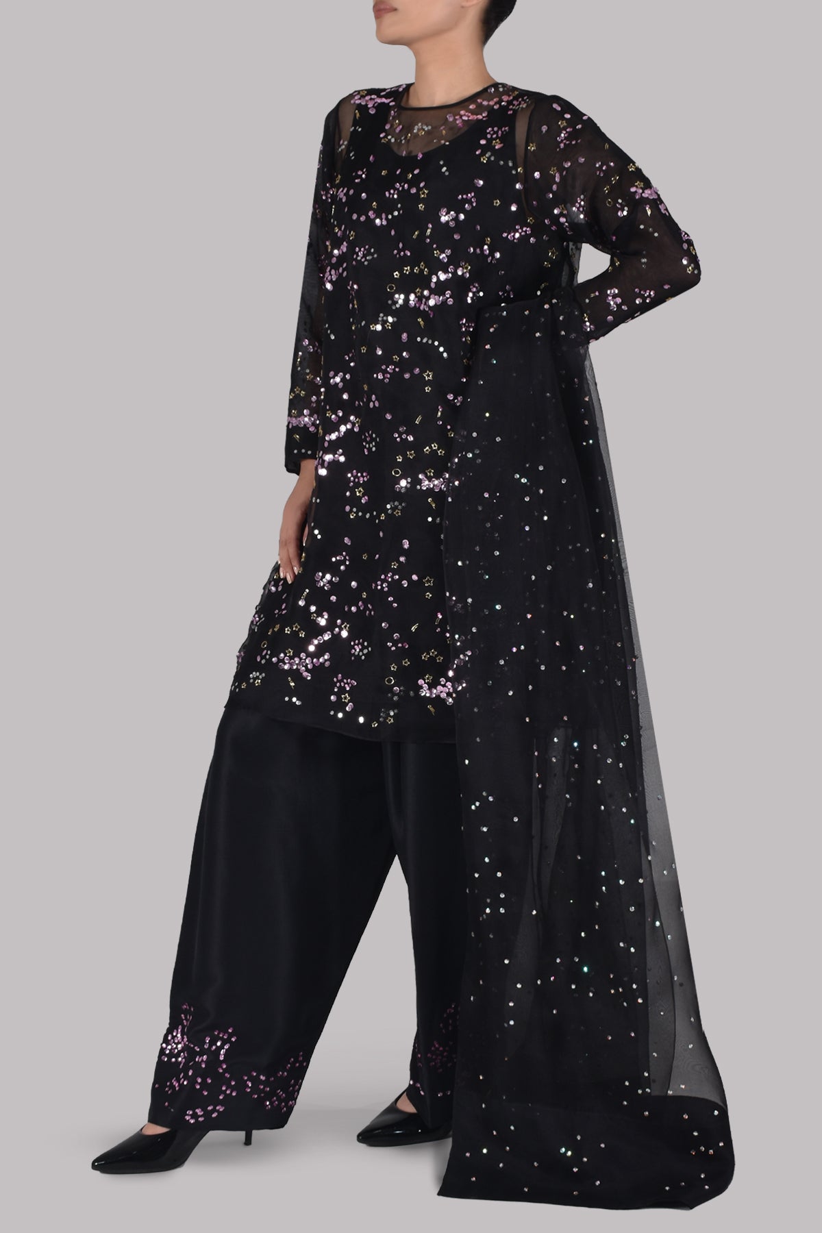 Black Embellished Organza Set