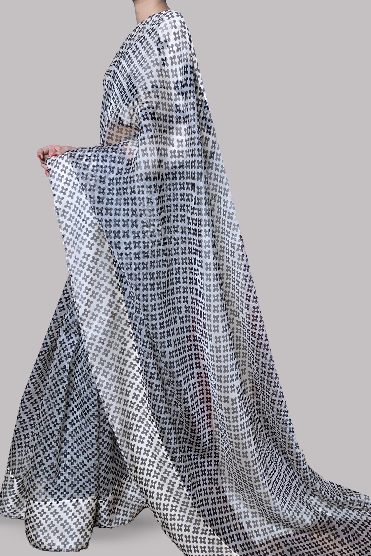 White Swan Block Printed Organza Sari