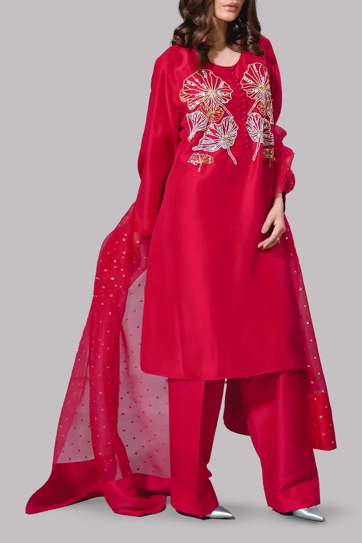 Tango Red Oversized Embellished Raw Silk Tunic Set