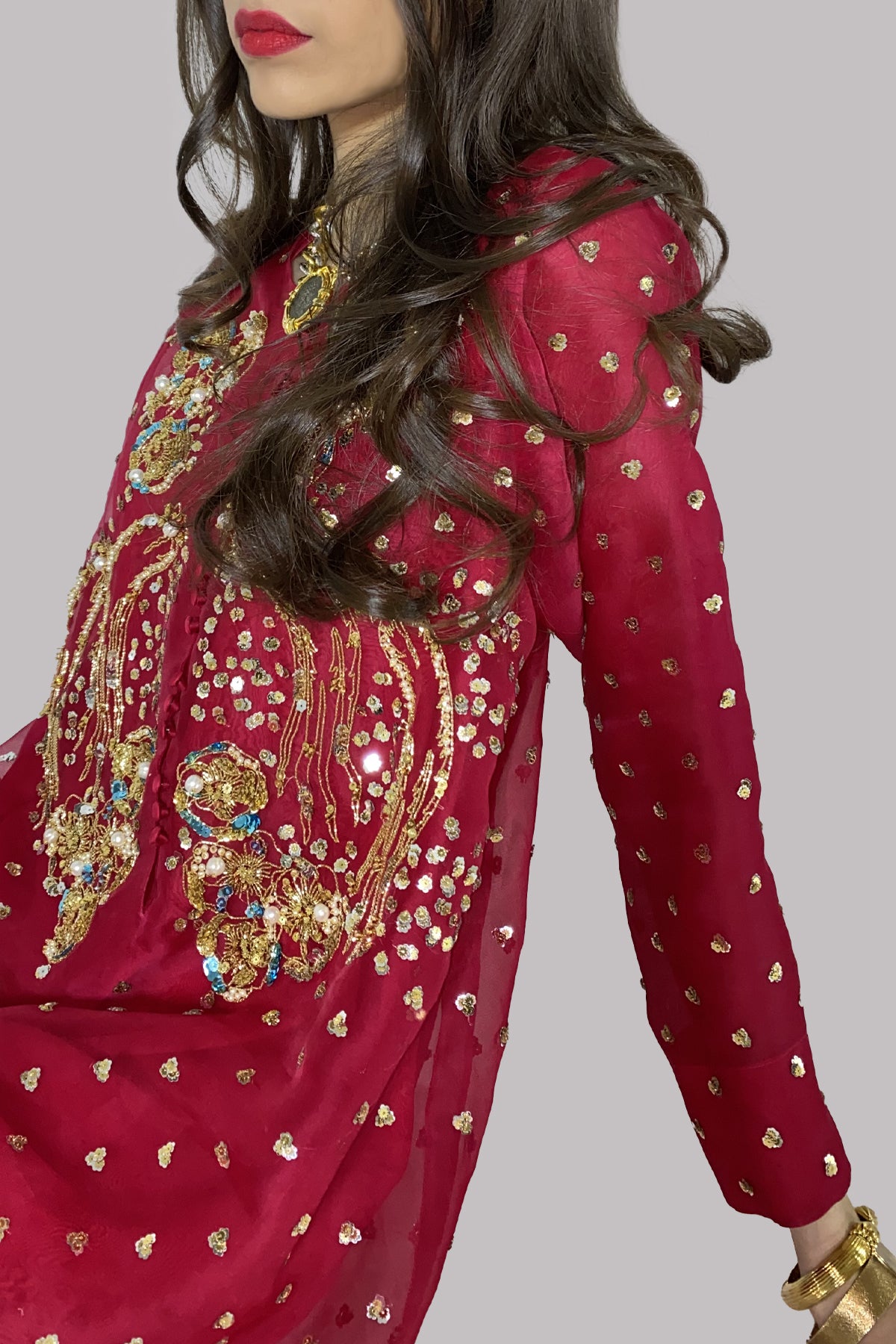 Tango Red Embellished Organza Set