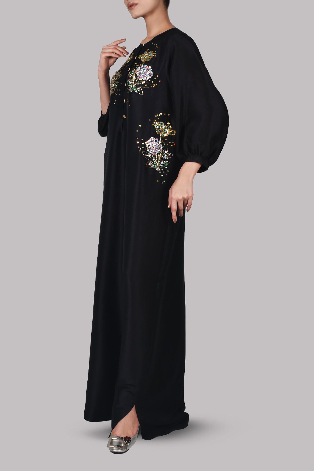 Black Embellished Raw Silk Maxi