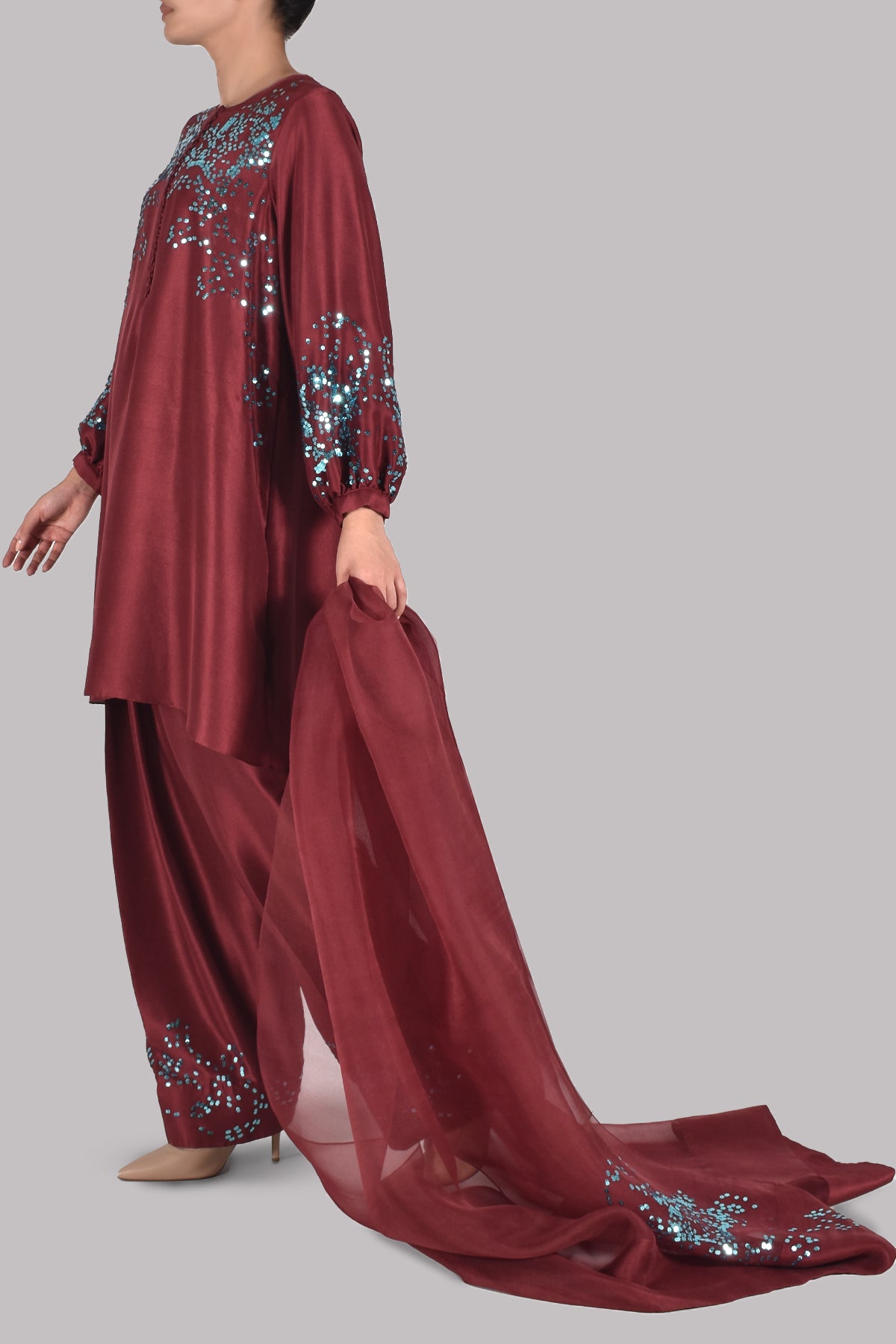Syrah Maroon Embellished Raw Silk Set