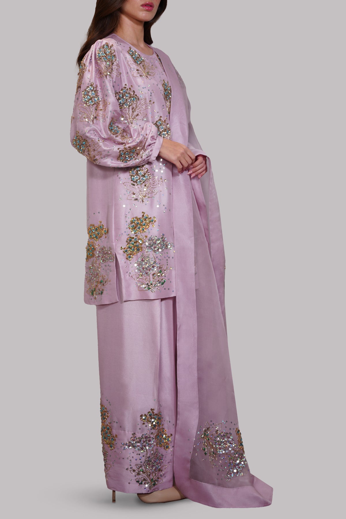 Lilac Chiffon Embellished Raw Silk Set