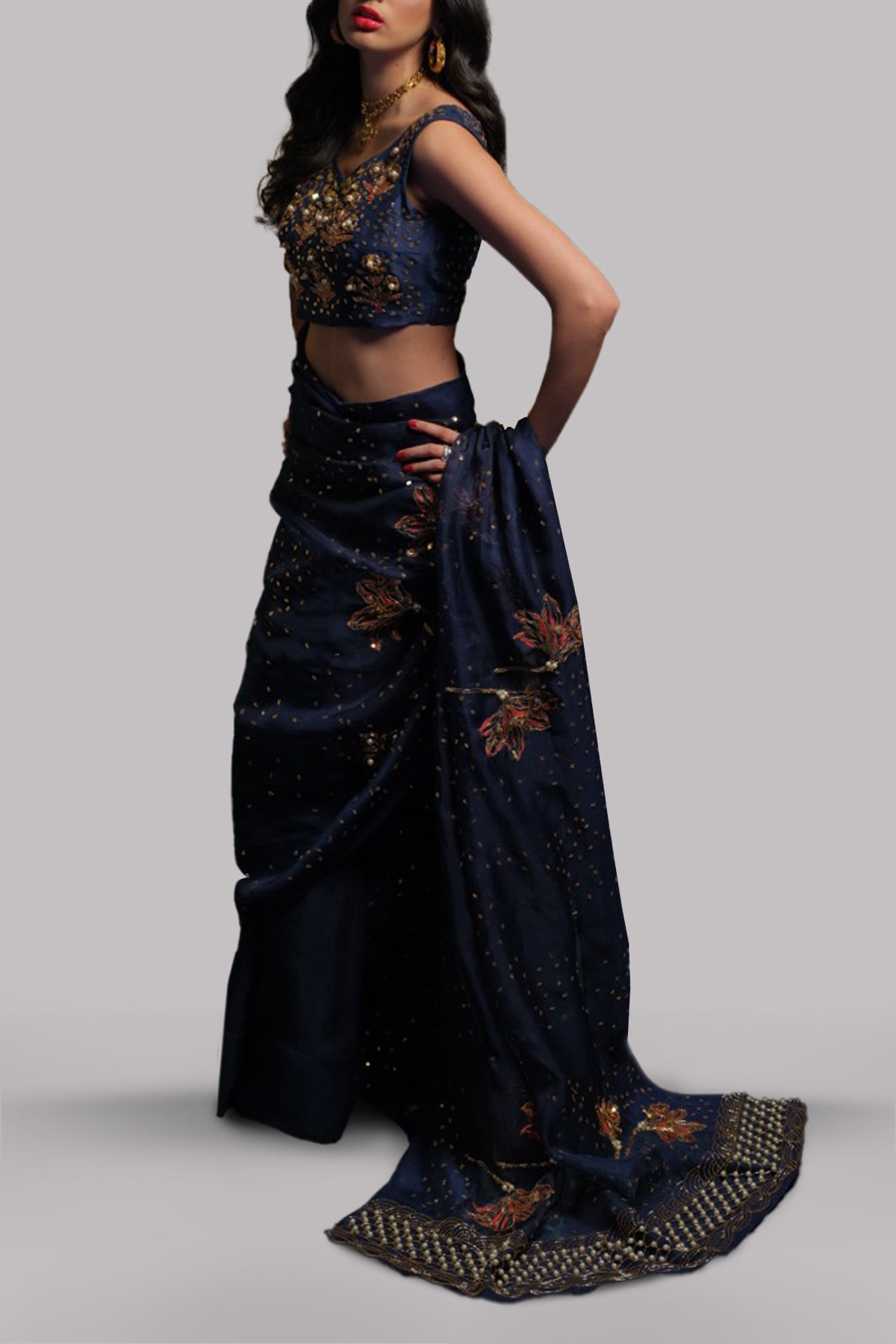 Black Iris Embellished Organza Sari