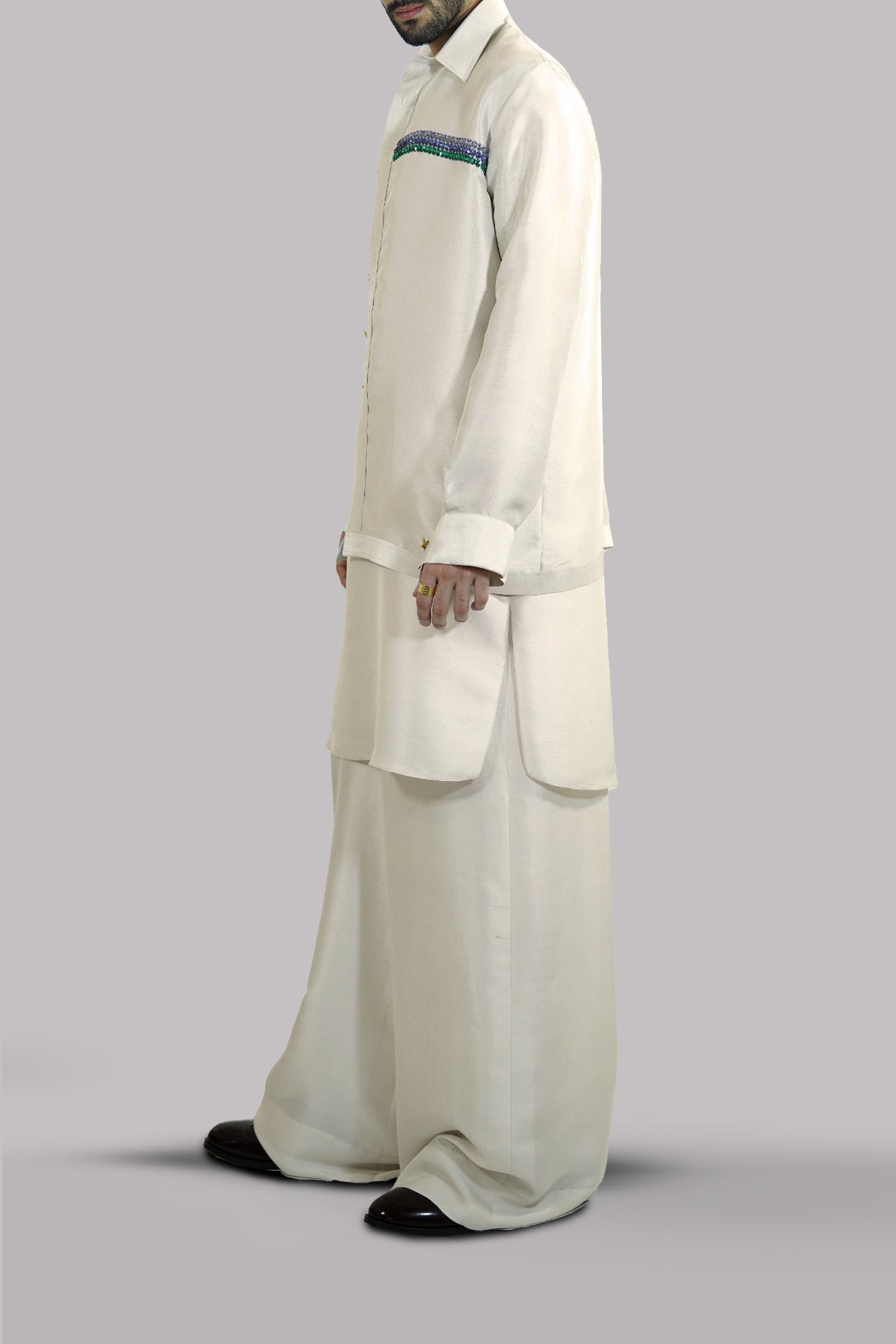 Egret Embellished Raw Silk Jacket Set